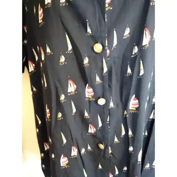 Liz Claiborne Button Up Shirt Blue Allover Sailboat Print Sz 14 Nautical Cruise - Picture 3 of 9